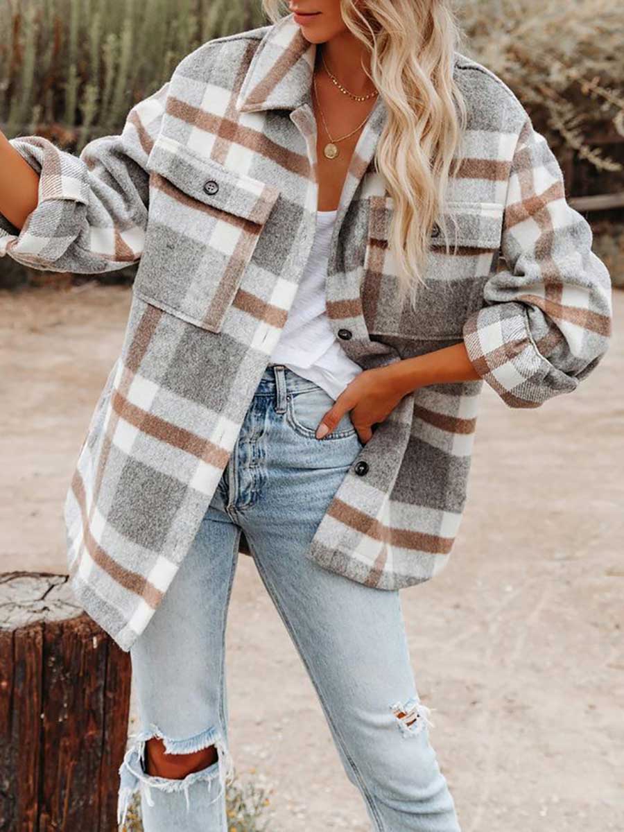 Veleaee Autumn and Winter Long-sleeved Lapel Loose Plaid Thickened Tweed Jacket