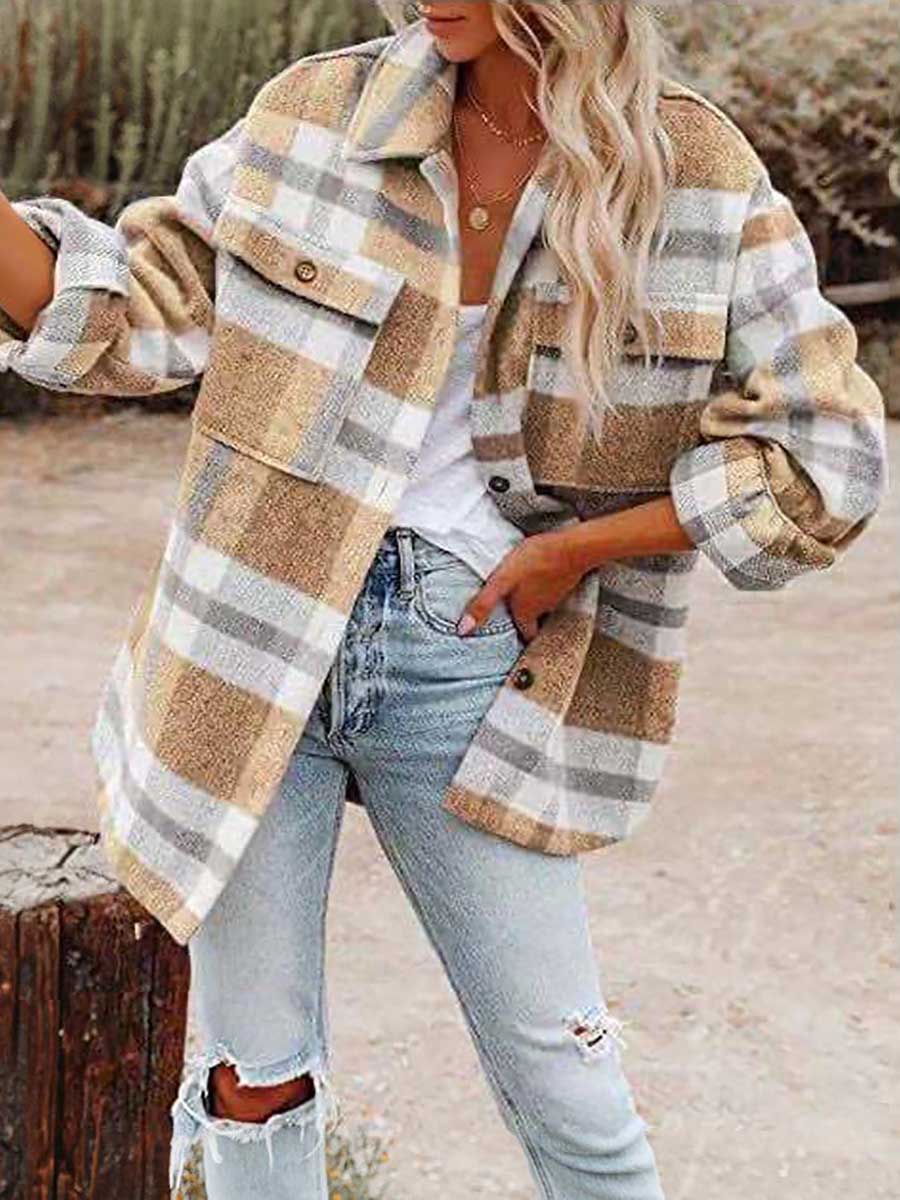 Veleaee Autumn and Winter Long-sleeved Lapel Loose Plaid Thickened Tweed Jacket