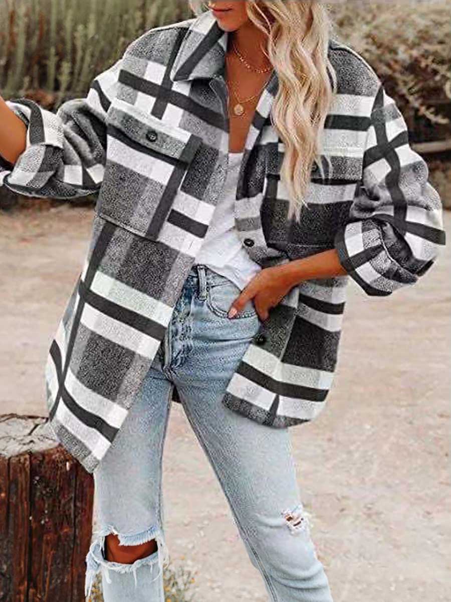 Veleaee Autumn and Winter Long-sleeved Lapel Loose Plaid Thickened Tweed Jacket