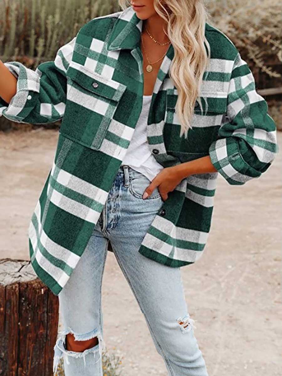 Veleaee Autumn and Winter Long-sleeved Lapel Loose Plaid Thickened Tweed Jacket