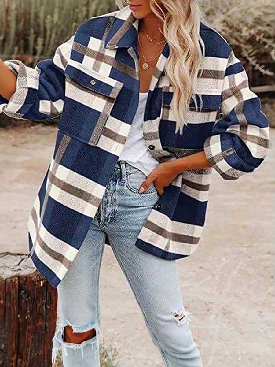 Veleaee Autumn and Winter Long-sleeved Lapel Loose Plaid Thickened Tweed Jacket