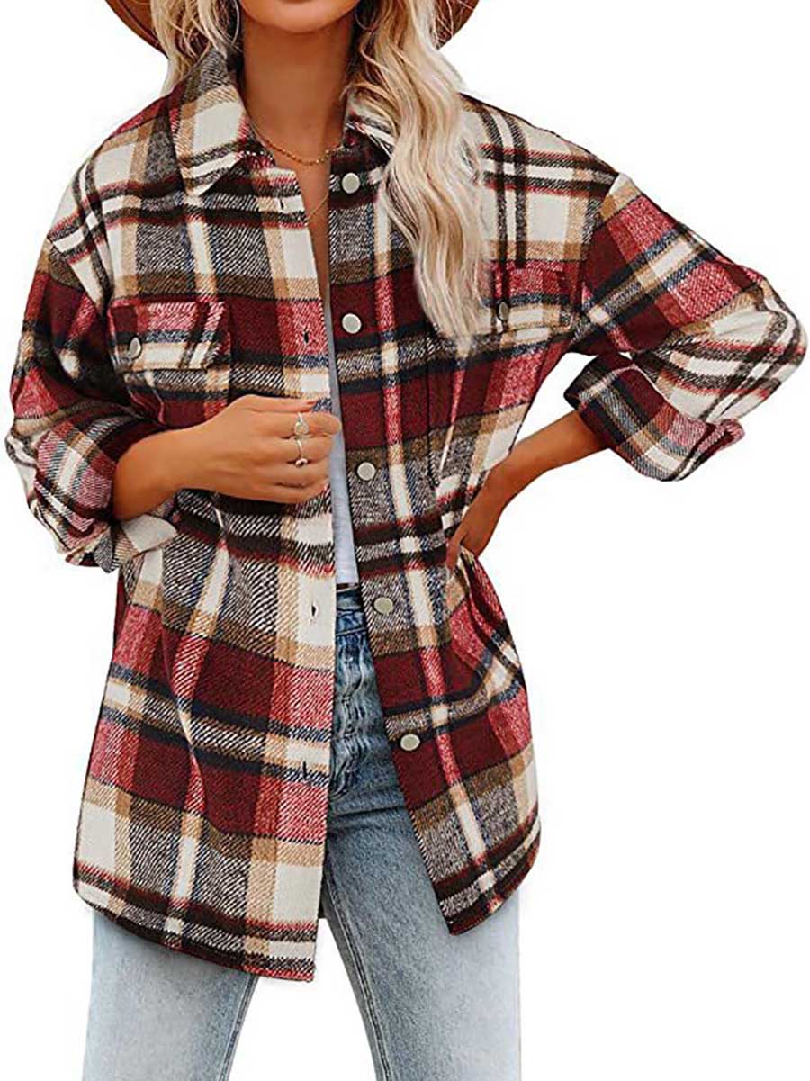 Veleaee Autumn and Winter Long-sleeved Lapel Loose Plaid Thickened Tweed Jacket