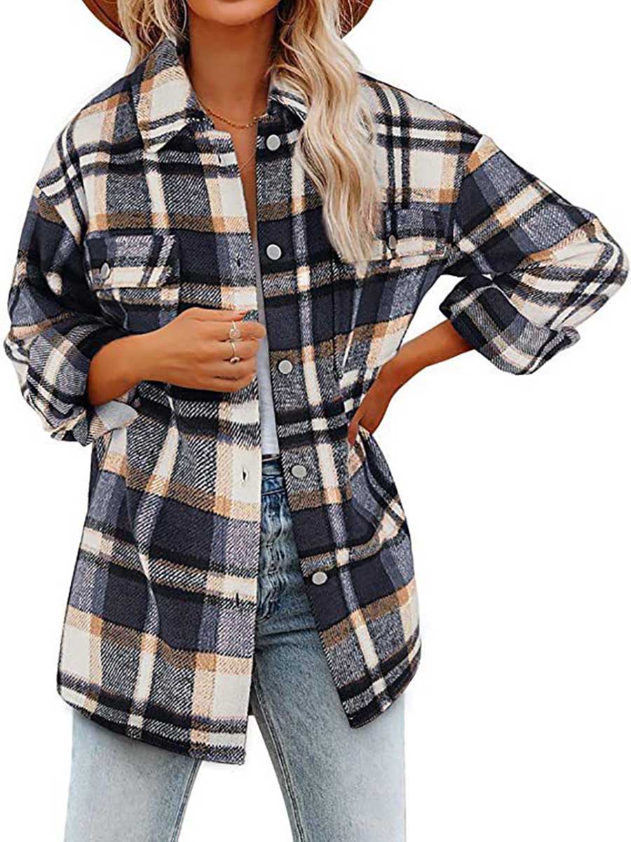 Veleaee Autumn and Winter Long-sleeved Lapel Loose Plaid Thickened Tweed Jacket