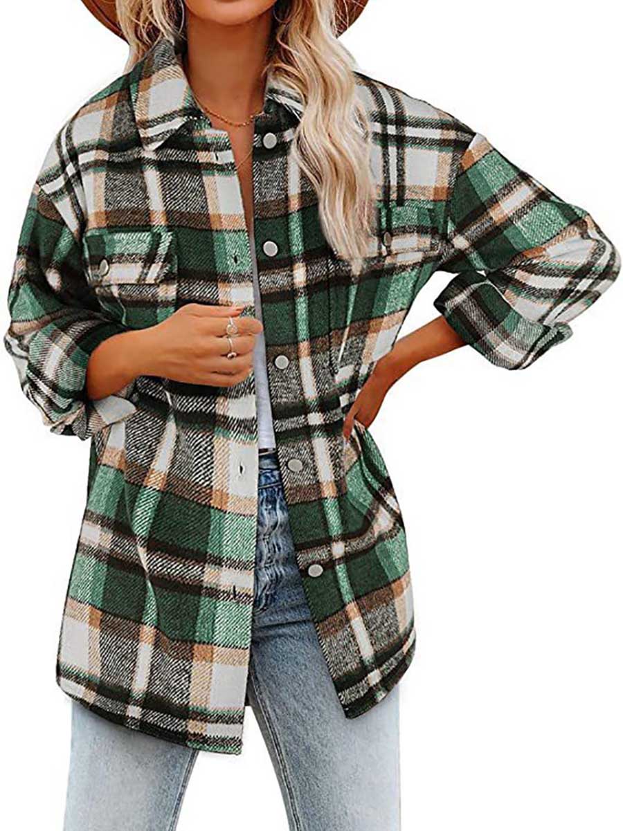 Veleaee Autumn and Winter Long-sleeved Lapel Loose Plaid Thickened Tweed Jacket