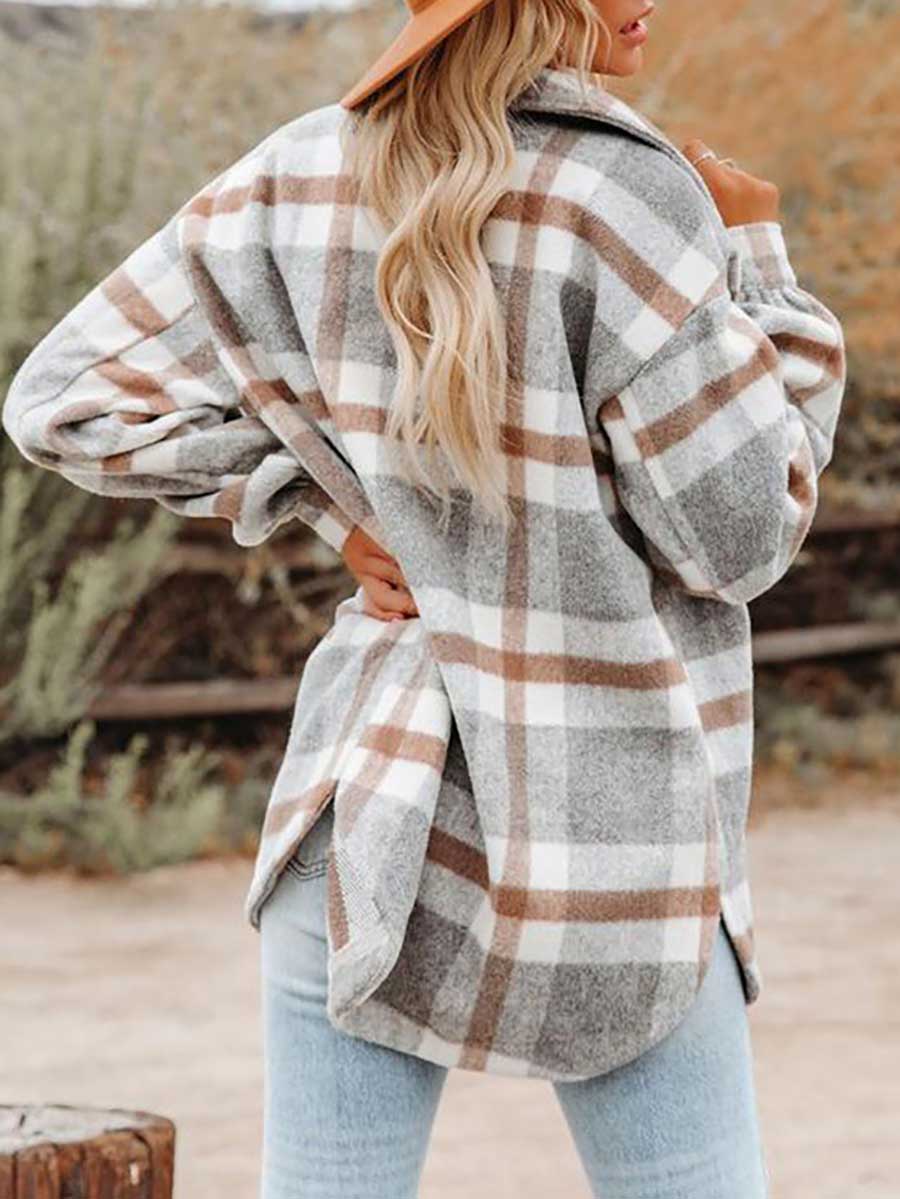 Veleaee Autumn and Winter Long-sleeved Lapel Loose Plaid Thickened Tweed Jacket