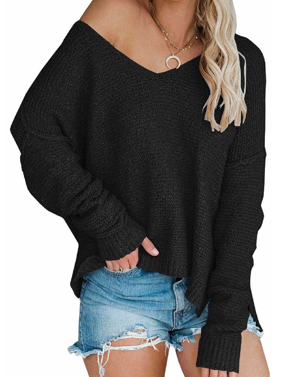 Veleaee Strapless Knit Sweater Oversized Long Sleeve Sexy V-Neck Loose Pullover