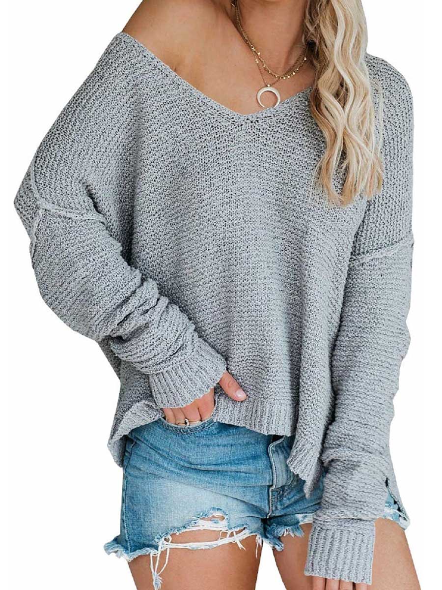 Veleaee Strapless Knit Sweater Oversized Long Sleeve Sexy V-Neck Loose Pullover