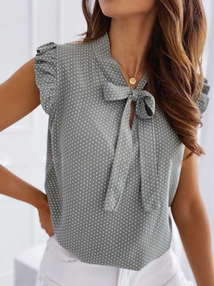 Veleaee Polka Dot Bow Neck Sleeveless Blouse Top