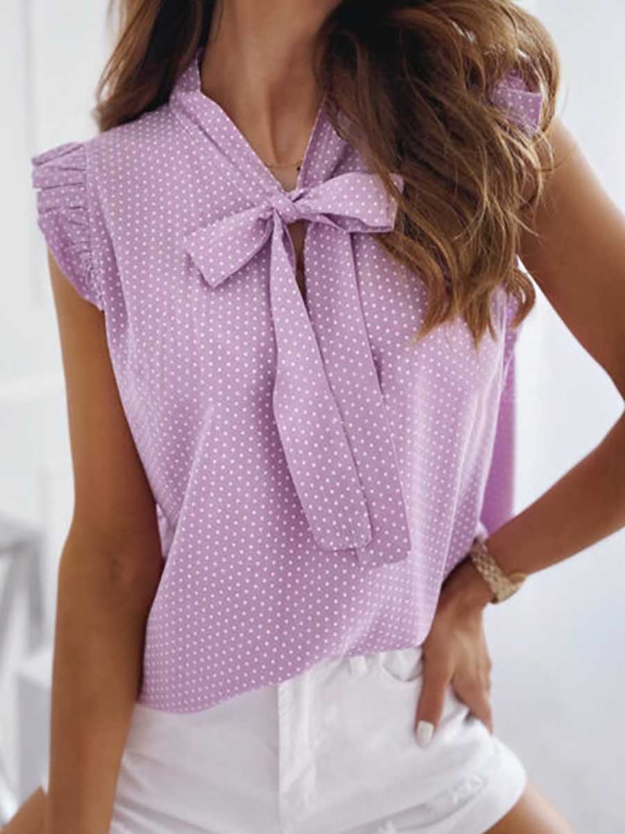 Veleaee Polka Dot Bow Neck Sleeveless Blouse Top