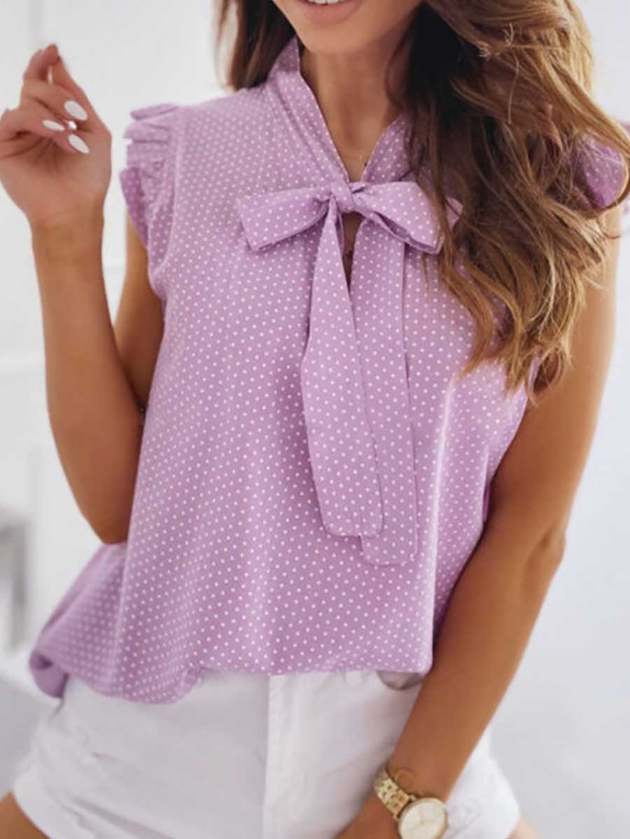 Veleaee Polka Dot Bow Neck Sleeveless Blouse Top