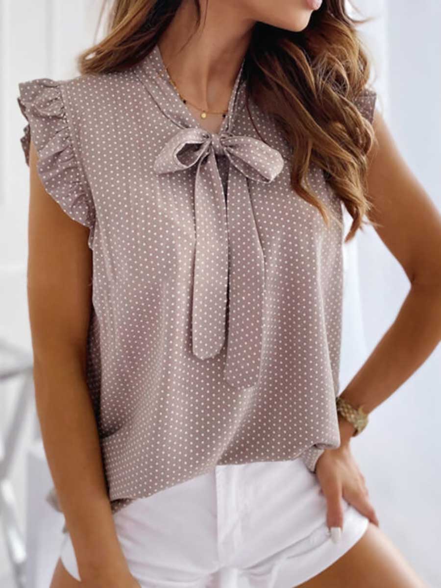 Veleaee Polka Dot Bow Neck Sleeveless Blouse Top