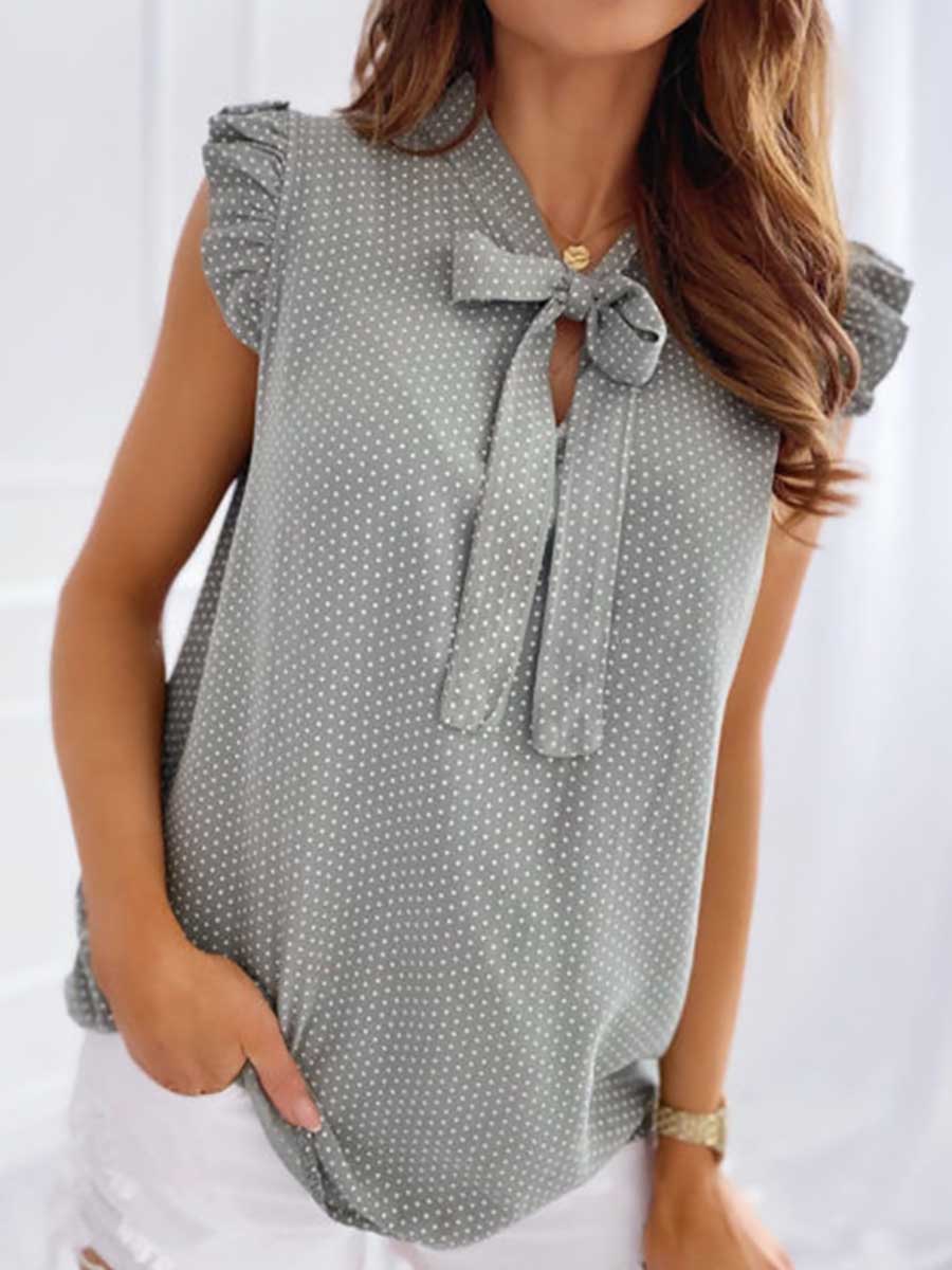 Veleaee Polka Dot Bow Neck Sleeveless Blouse Top