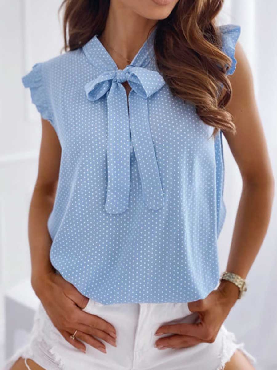 Veleaee Polka Dot Bow Neck Sleeveless Blouse Top
