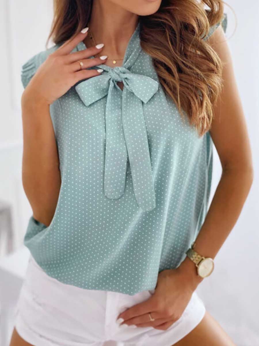 Veleaee Polka Dot Bow Neck Sleeveless Blouse Top