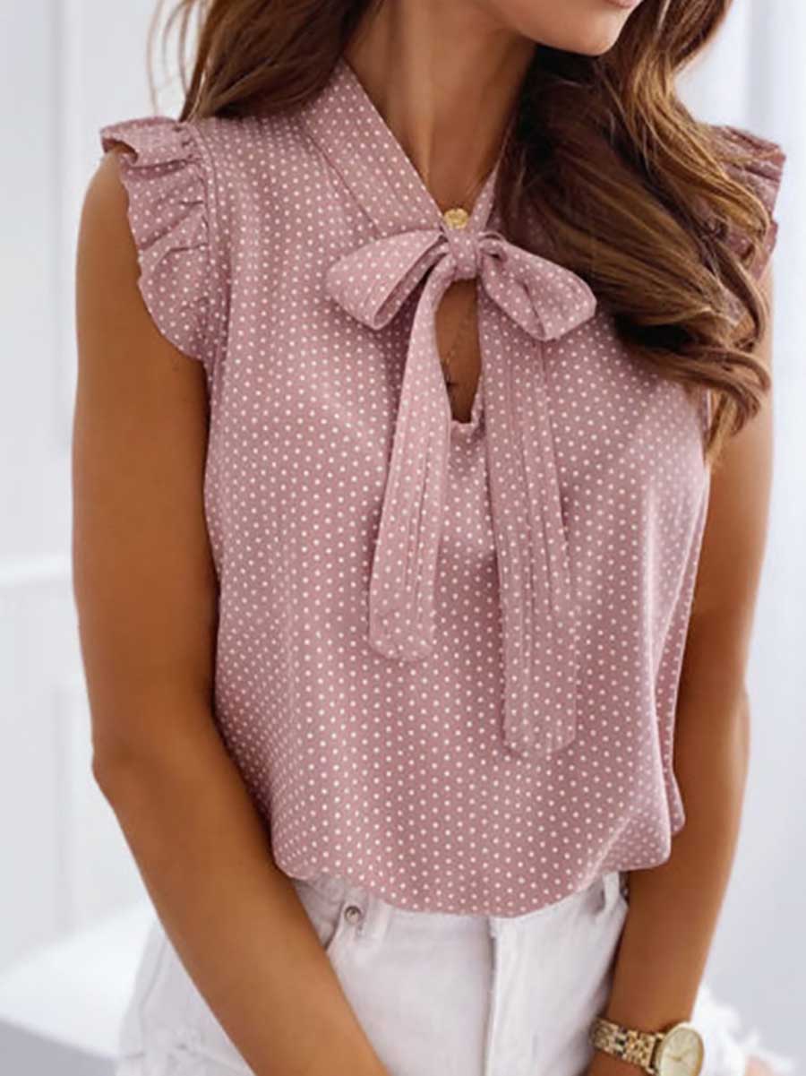 Veleaee Polka Dot Bow Neck Sleeveless Blouse Top