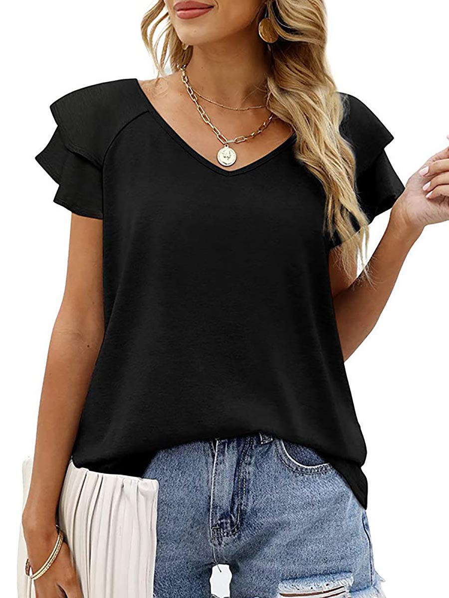 Veleaee Peach Heart Collar Ruffle T-Shirt(7 colors)