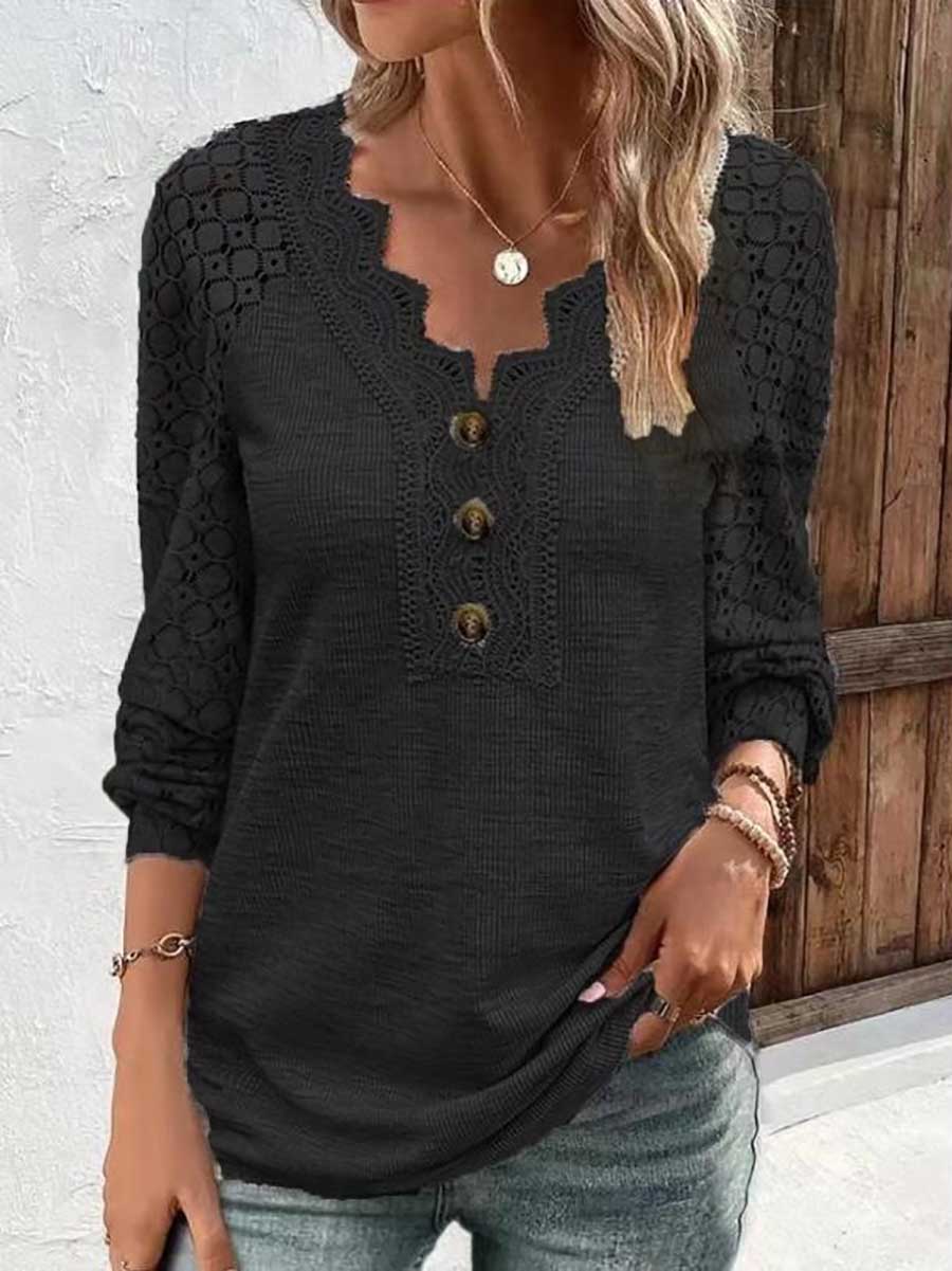 Veleaee Comfortable Casual Lace Splicing V-Neck Pullover Top Women's T-Shirt