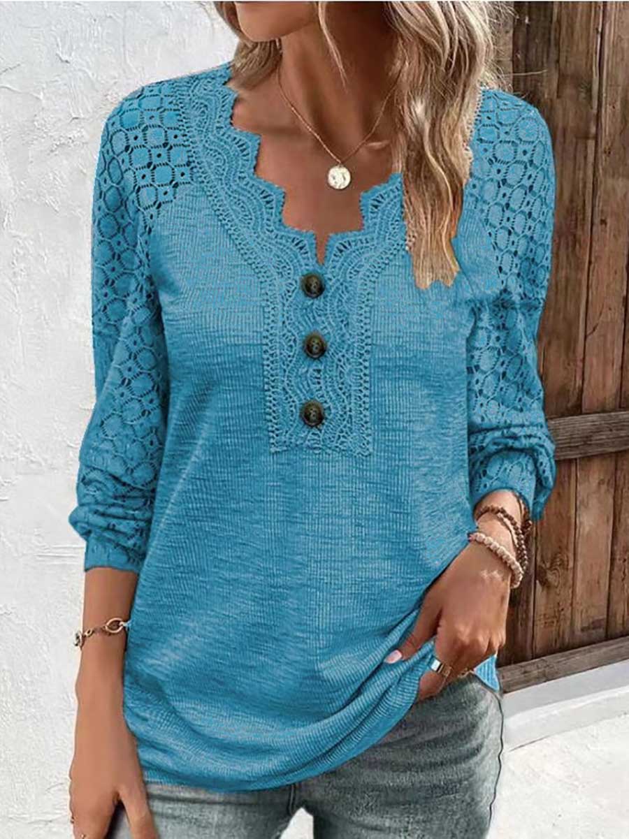 Veleaee Comfortable Casual Lace Splicing V-Neck Pullover Top Women's T-Shirt