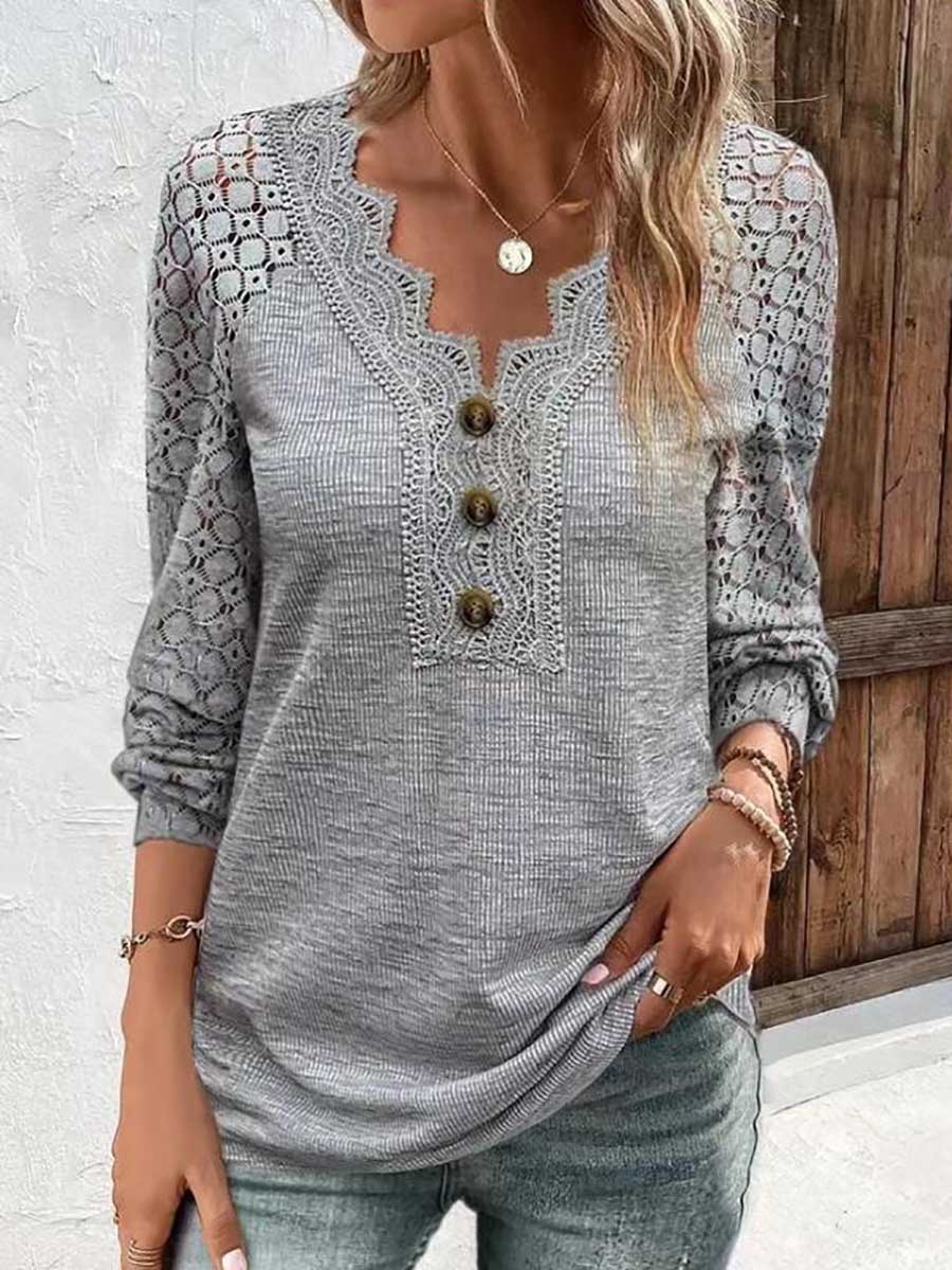 Veleaee Comfortable Casual Lace Splicing V-Neck Pullover Top Women's T-Shirt