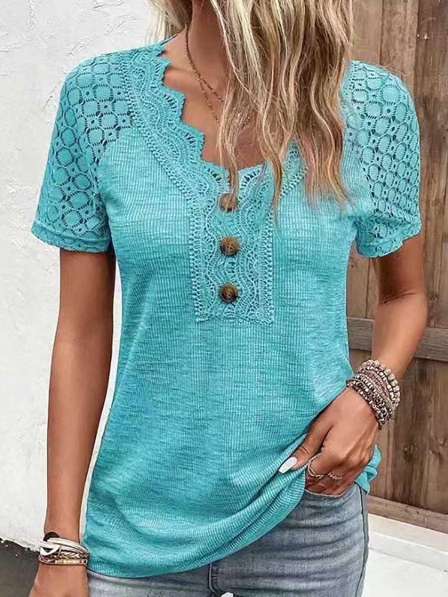 Veleaee Comfortable Casual Lace Splicing V-Neck Pullover Top Women's T-Shirt
