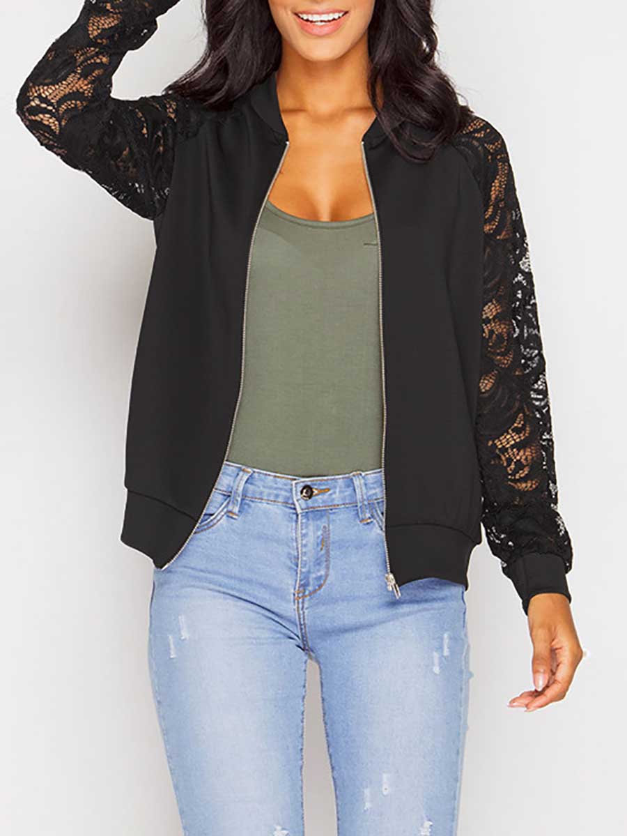Veleaee Long Sleeve Lace Patchwork Zipper Small Coat Jacket