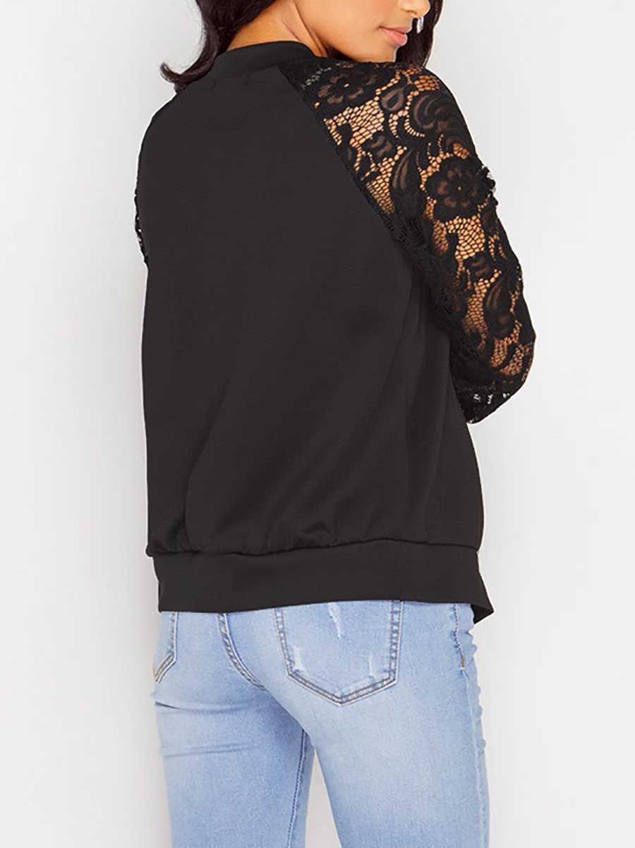Veleaee Long Sleeve Lace Patchwork Zipper Small Coat Jacket