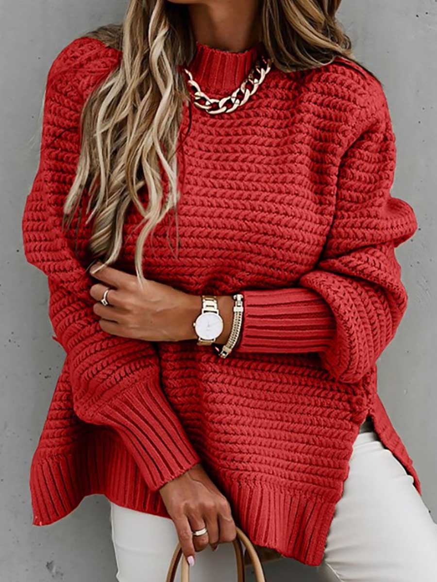 Veleaee Half Turtleneck Solid Color Corset Side Split Knit Sweater