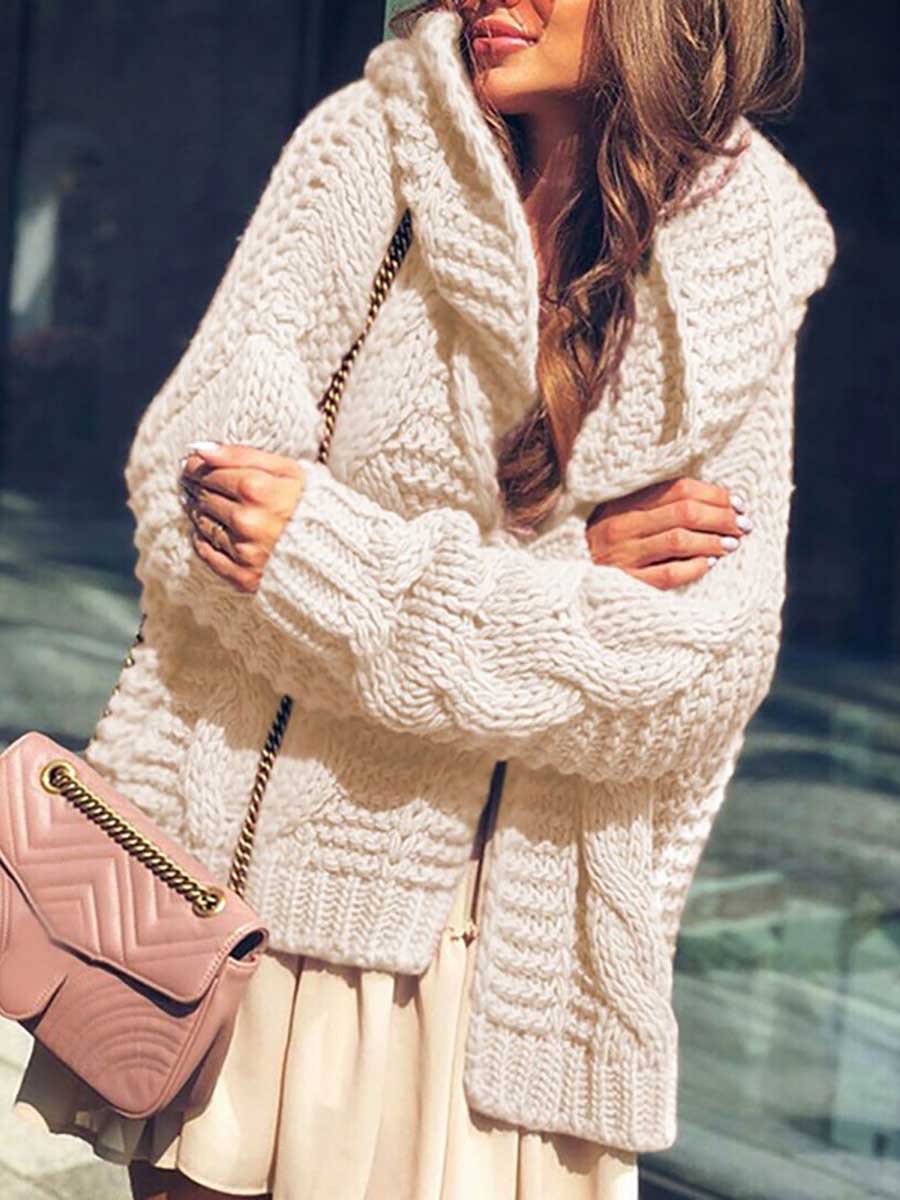 Veleaee Twist Hat Cardigan Solid Color Chunky Knit Sweater