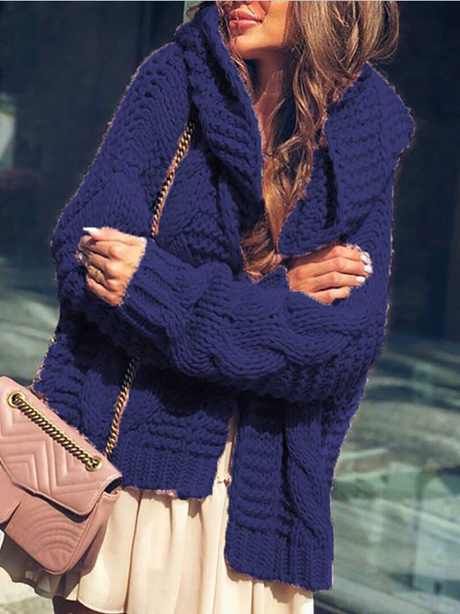Veleaee Twist Hat Cardigan Solid Color Chunky Knit Sweater