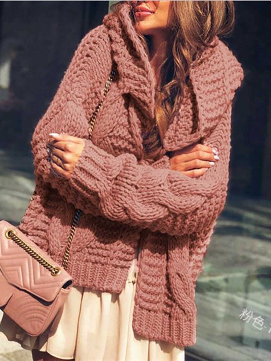 Veleaee Twist Hat Cardigan Solid Color Chunky Knit Sweater