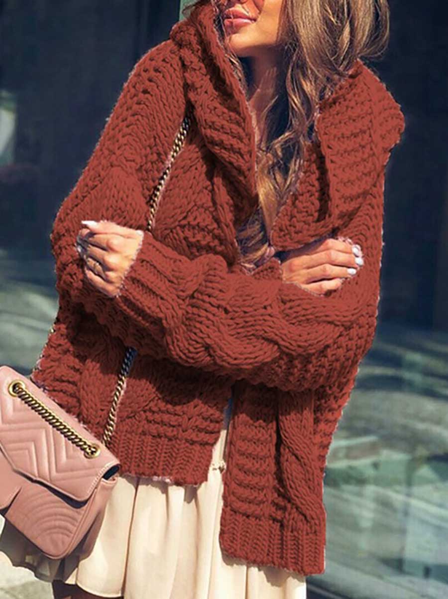 Veleaee Twist Hat Cardigan Solid Color Chunky Knit Sweater