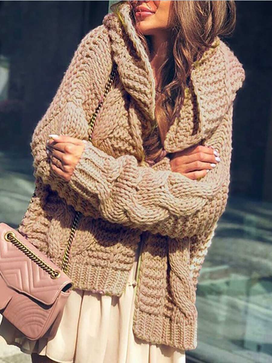 Veleaee Twist Hat Cardigan Solid Color Chunky Knit Sweater
