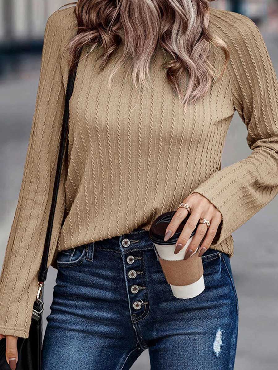 Veleaee Solid Color Knit Slim Long Sleeve Top