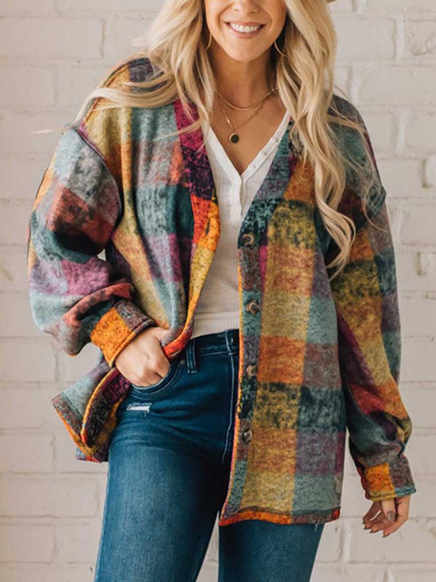 Veleaee Loose-fitting Plaid Shirt Fleece Jacket