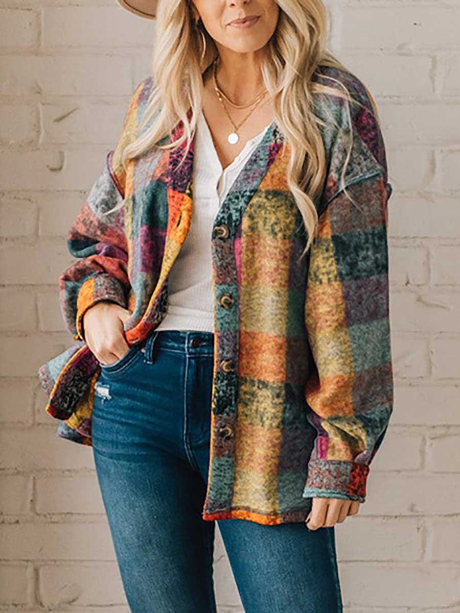 Veleaee Loose-fitting Plaid Shirt Fleece Jacket