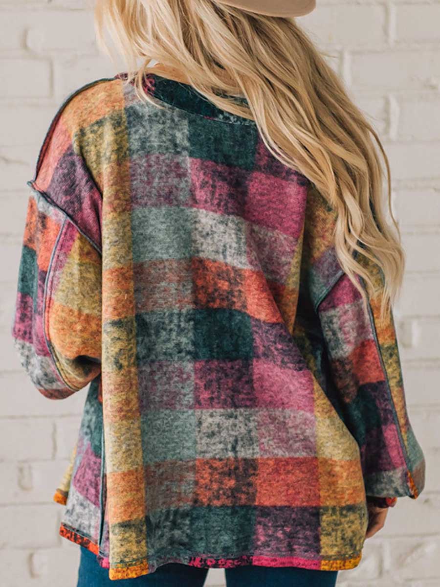 Veleaee Loose-fitting Plaid Shirt Fleece Jacket