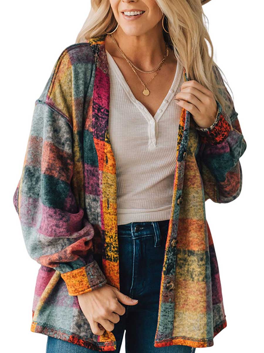 Veleaee Loose-fitting Plaid Shirt Fleece Jacket