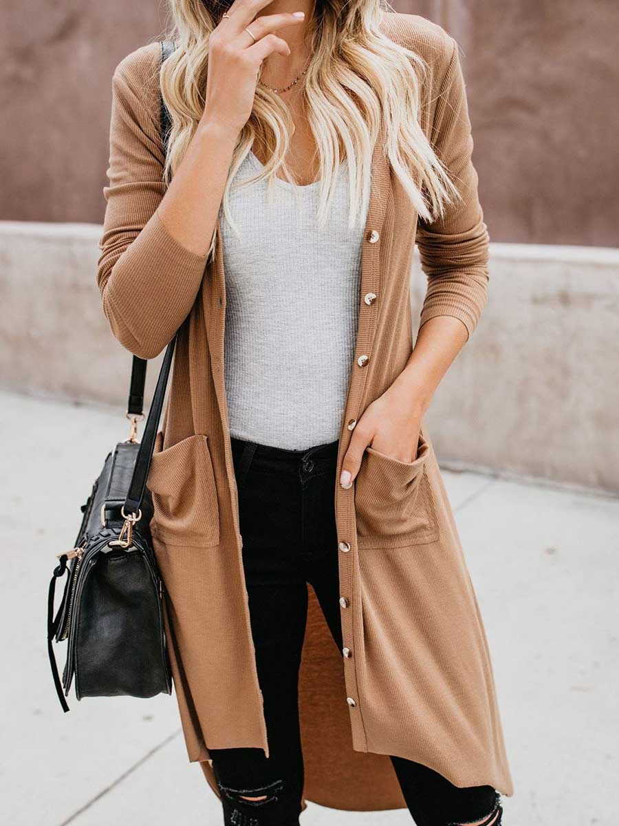 Veleaee Single Breasted Mid-Length Button Down Cardigan