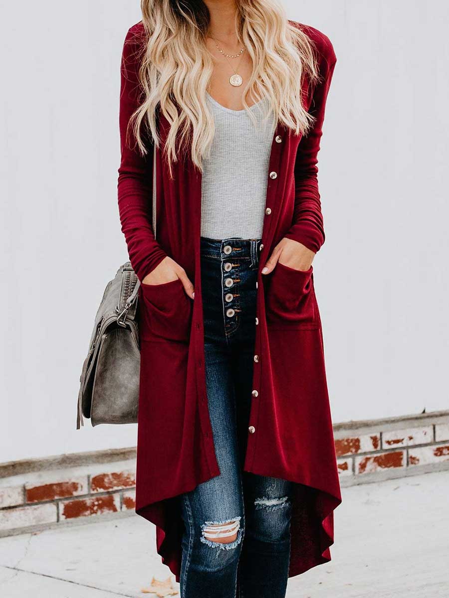 Veleaee Single Breasted Mid-Length Button Down Cardigan