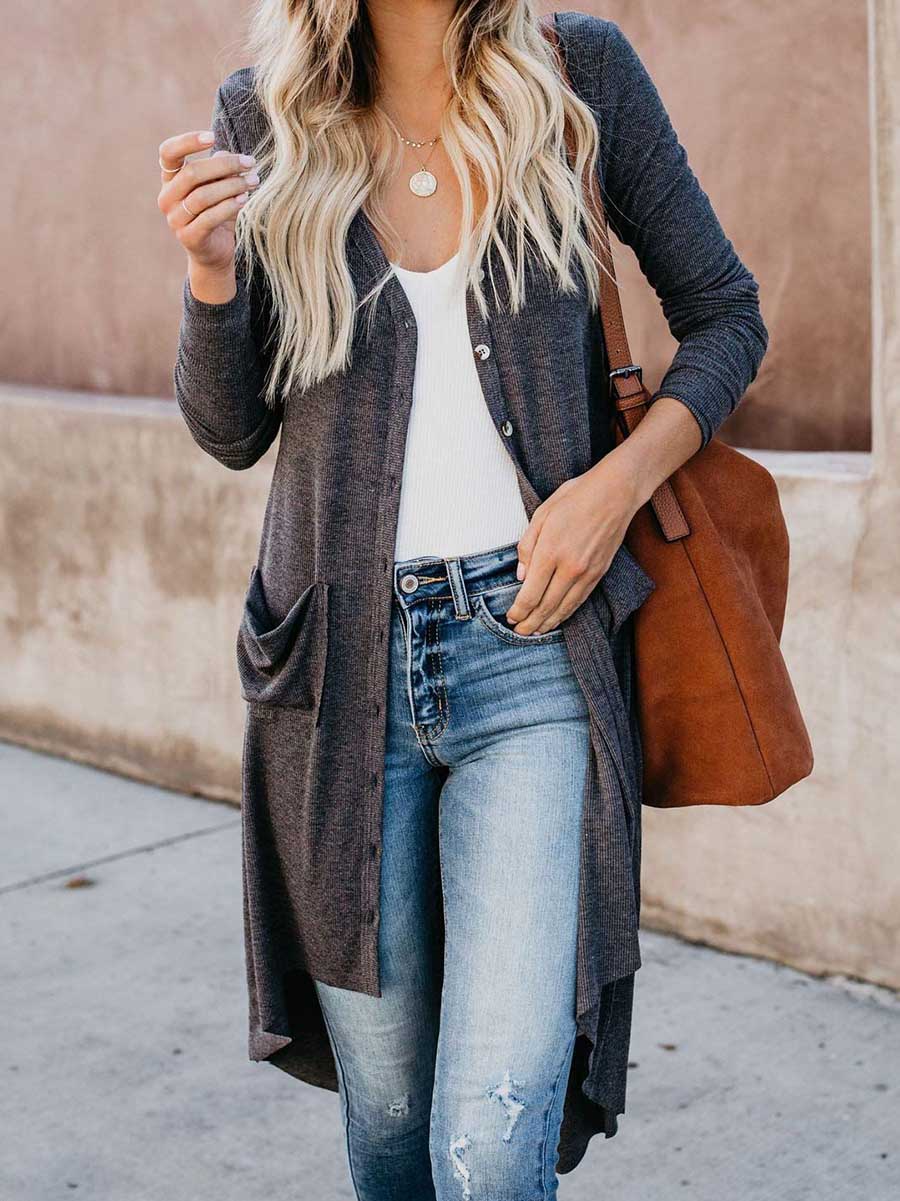 Veleaee Single Breasted Mid-Length Button Down Cardigan