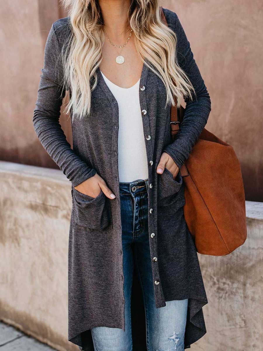 Veleaee Single Breasted Mid-Length Button Down Cardigan