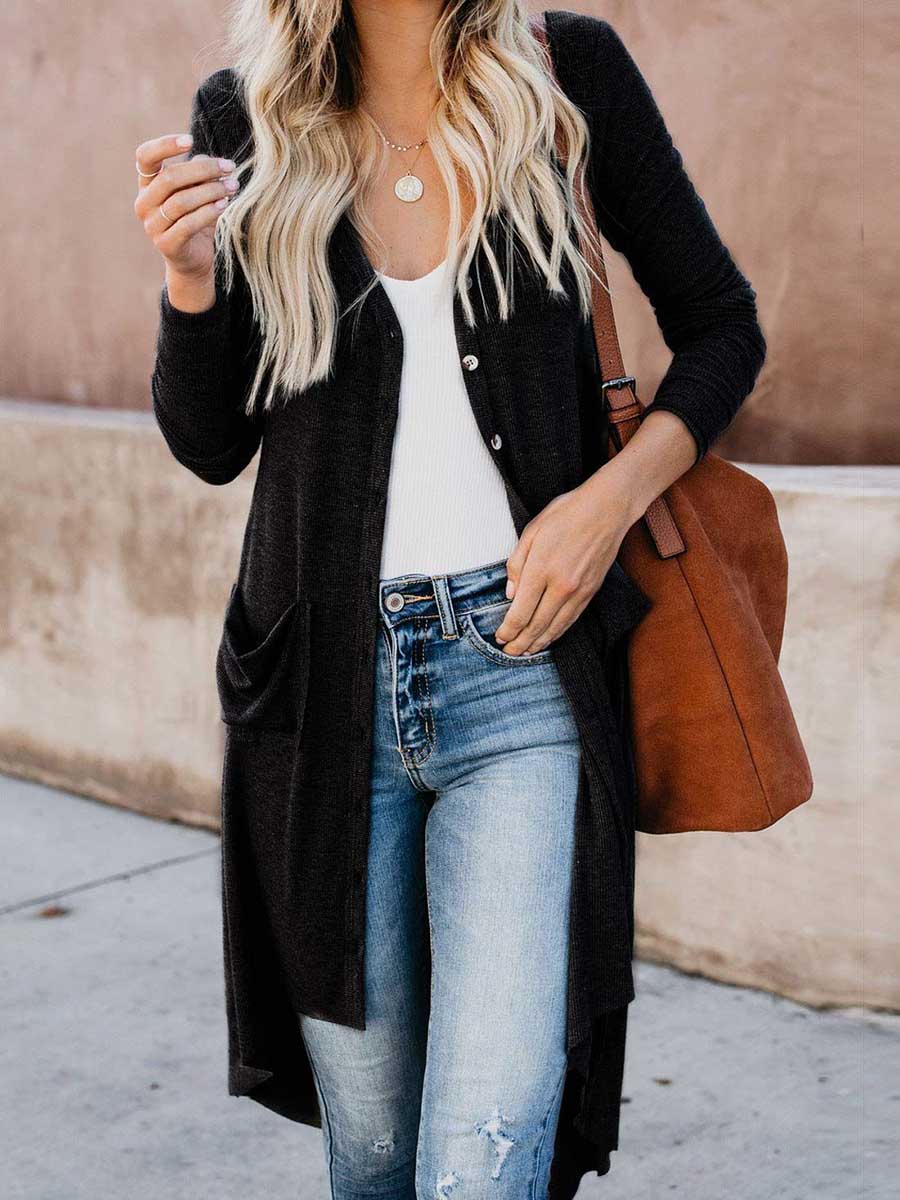 Veleaee Single Breasted Mid-Length Button Down Cardigan