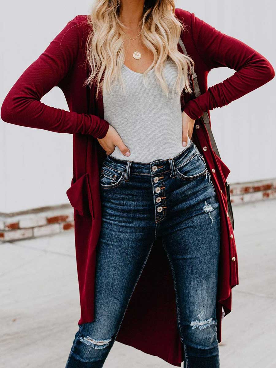 Veleaee Single Breasted Mid-Length Button Down Cardigan