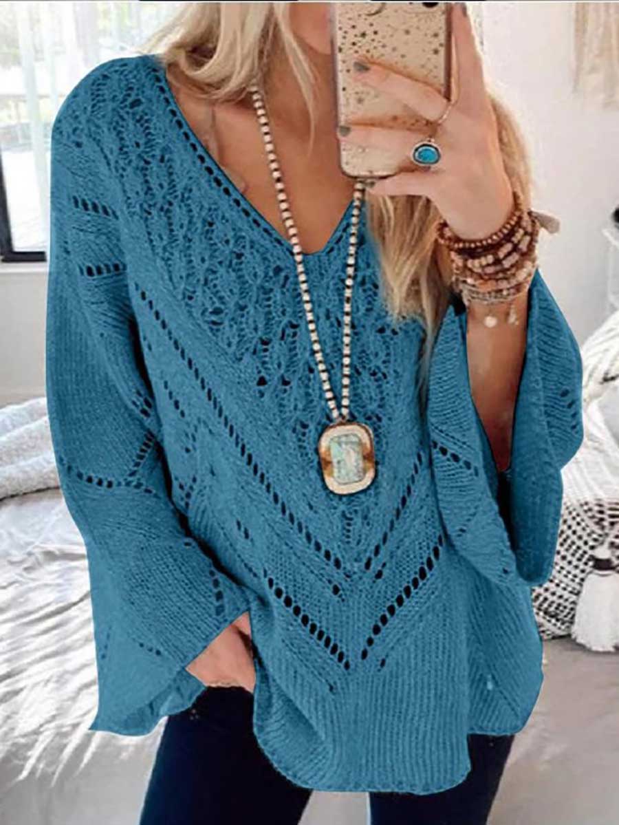 Veleaee Cutout V-Neck Flared Sleeve Sweater