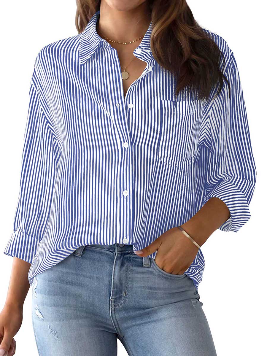 Veleaee Striped Long Sleeve Collared Shirt Top