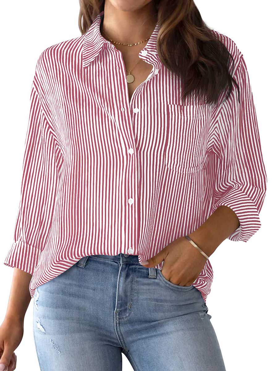 Veleaee Striped Long Sleeve Collared Shirt Top