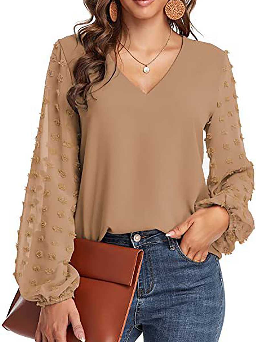 Veleaee V-Neck Chiffon Long Sleeve Top