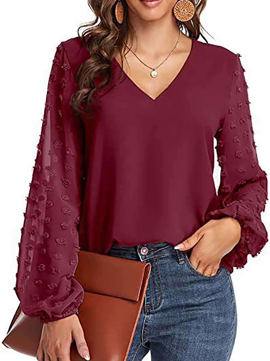 Veleaee V-Neck Chiffon Long Sleeve Top