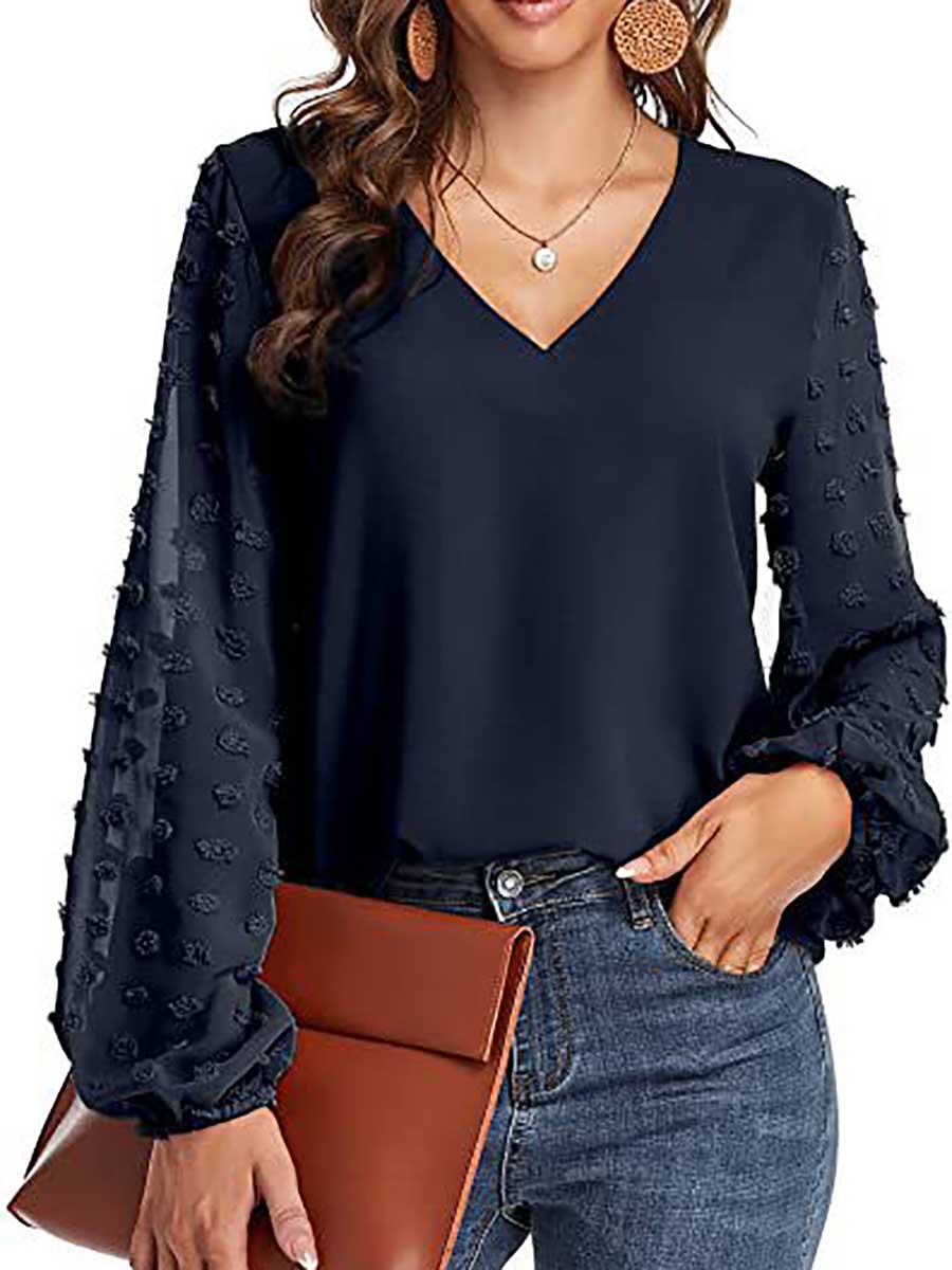 Veleaee V-Neck Chiffon Long Sleeve Top