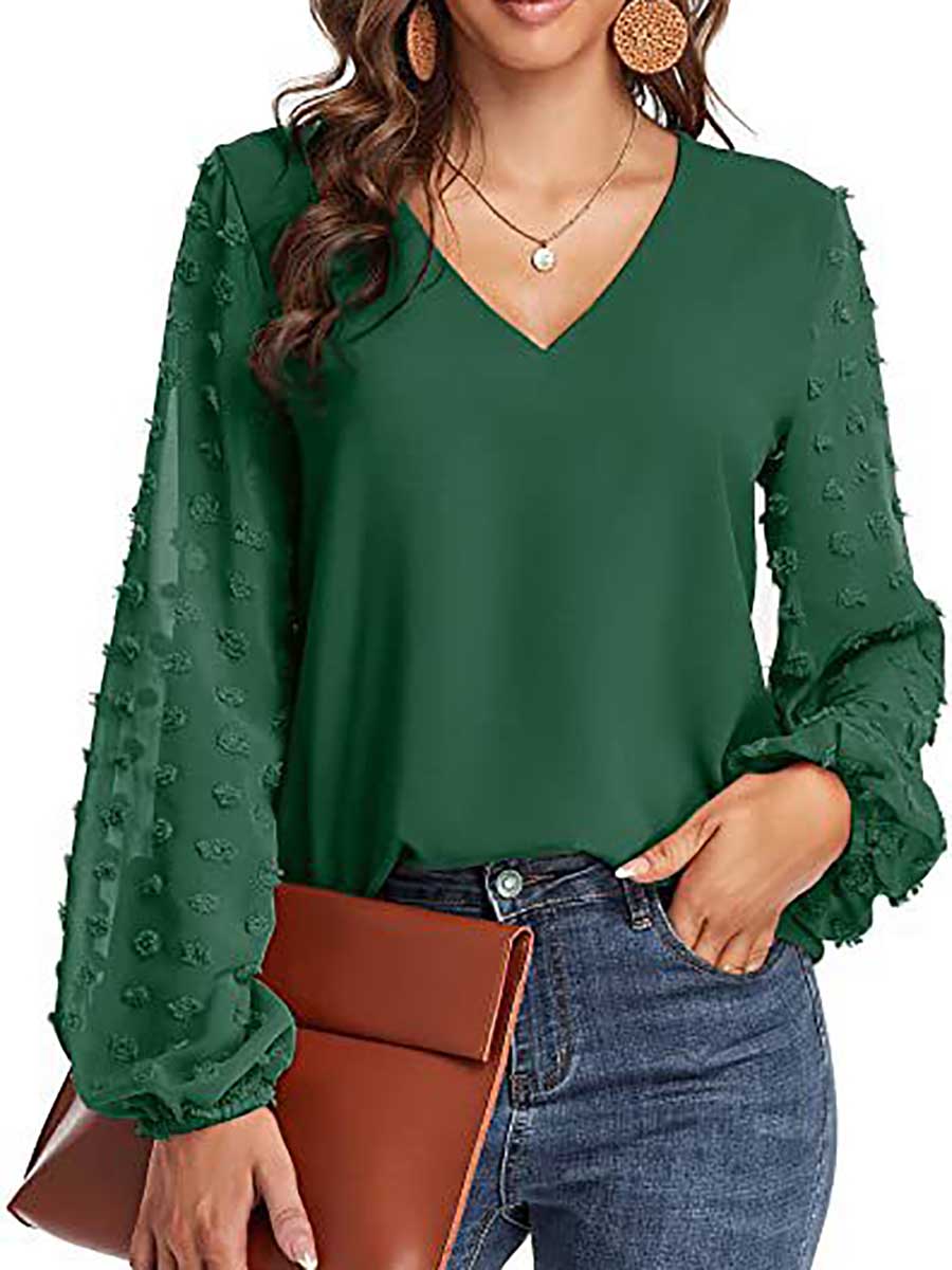 Veleaee V-Neck Chiffon Long Sleeve Top